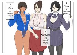 Rule 34 | 3girls, absurdres, breasts, cleavage, dark-skinned female, dark skin, dress, expressionless, glasses, grace (puzenketsu), highres, huge breasts, mature female, mature female, mole, mole on breast, mole under mouth, multiple girls, name tag, namhorm (puzenketsu), one-piece swimsuit, puzenketsu, see-through clothes, smile, swimsuit, tan, tanline, thick lips, thighs, waan (puzenketsu)
