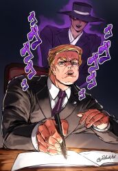 1boy 1girl araki_hirohiko_(style) black_hat black_jacket blonde_hair boater_hat donald_trump hat highres holding holding_pen jacket jojo_no_kimyou_na_bouken long_sleeves melania_trump menacing_(jojo) necktie pen purple_necktie real_life robusta_mania shirt short_hair sitting stand_(jojo) white_shirt writing