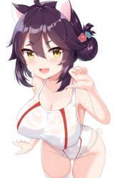 1girl :d absurdres adjusting_clothes adjusting_swimsuit ahoge animal_ears blue_archive breasts brown_hair cameltoe commentary english_commentary enru fang flower hair_flower hair_ornament highleg highleg_one-piece_swimsuit highres kaede_(blue_archive) kaede_(swimsuit)_(blue_archive) large_breasts loli looking_at_viewer one-piece_swimsuit open_mouth oppai_loli simple_background skin_fang smile solo swimsuit thighhighs white_background white_one-piece_swimsuit white_thighhighs yellow_eyes