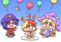 3girls american_flag american_flag_dress american_flag_legwear american_flag_print american_flag_shirt balloon bird_wings birthday blonde_hair blue_hair blush blush_stickers candle chibi chinese_clothes clownpiece commentary dress fairy_wings feathered_wings flag_print happy_birthday hat hat_ornament highres jester_cap jiangshi jiangshi_costume long_hair miyako_yoshika multicolored_hair multiple_girls neck_ruff niwatari_kutaka ofuda open_mouth orange_dress polka_dot polka_dot_headwear print_shirt purple_hair purple_hat red_eyes red_hair shirt shitacemayo short_hair slug smile star_(symbol) star_hat_ornament star_print striped_clothes striped_dress talisman touhou transparent_wings two-tone_hair undead vampire wings yellow_wings zombie