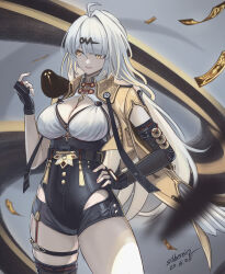 Rule 34 | 1girl, ahoge, animal, animal on shoulder, asymmetrical gloves, bird, bird on shoulder, black bird, black gloves, black shorts, breasts, closed mouth, collar, commentary, cowboy shot, dated, elbow gloves, english commentary, fingerless gloves, gloves, grey hair, hair ornament, hand on own hip, hand on own thigh, hand up, high-waist shorts, highres, jacket, large breasts, long hair, looking at animal, mole, mole on breast, muted color, ofuda, shirt, shorts, signature, silberein, single elbow glove, solo, thighs, uneven gloves, very long hair, white collar, white shirt, yellow eyes, yellow jacket, yixuan (zenless zone zero), zenless zone zero