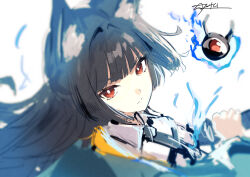1girl animal_ear_fluff animal_ears aqua_jacket black_hair blunt_bangs closed_mouth collared_shirt eyeball fox_ears fox_girl highres hina_taira holding holding_sword holding_weapon hoshimi_miyabi jacket long_hair looking_at_viewer red_eyes shirt sword tailless_(zenless_zone_zero) upper_body weapon white_shirt zenless_zone_zero