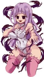 Rule 34 | 1girl, absurdres, blunt bangs, breasts, covered navel, curvy, female focus, full body, highres, large breasts, long hair, looking at viewer, melascula, multicolored eyes, nanatsu no taizai, pink thighhighs, purple hair, smile, smug, solo, thighhighs, tongue, tongue out