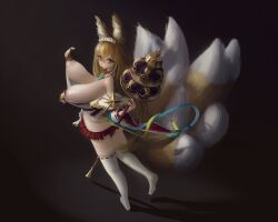 1girl animal_ear_fluff animal_ears areola_slip bare_shoulders blonde_hair breasts breasts_out cleavage covered_erect_nipples fox_ears fox_girl fox_tail full_body hair_between_eyes highres hip_vent hirume_of_heavenly_incense huge_breasts japanese_clothes jewelry kitsune kyuubi large_areolae large_breasts last_origin long_hair looking_at_viewer magatama magatama_necklace maid_headdress miko multiple_tails necklace ofuda ofuda_on_nipples pasties puffy_nipples red_skirt revealing_clothes simple_background skirt solo tail thighhighs very_long_hair vwzq yellow_eyes