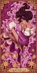 1girl bare_shoulders black_hair border card character_name curled_up disney earrings eight-pointed_star esmeralda_(disney) fire floating floating_hair gold_trim green_eyes headband highres hoop_earrings jewelry long_hair official_style ornate_border parody ponsu_(ponzuxponzu) purple_fire romani_clothes romanian_clothes solo style_parody tarot tarot_card the_hunchback_of_notre_dame_(disney)