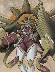 Rule 34 | 1girl, amaterasumon, breasts, colored skin, cowboy shot, digimon, digimon (creature), gauntlets, grey hair, highres, horns, large breasts, lion head (ornament), long hair, mas square, red eyes, red skin, simple background, single horn, solo, yin yang