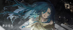 1girl 37_(reverse:1999) :o ancient_greek_clothes armlet bare_shoulders blue_eyes blue_hair copyright_name dark_background floating_hair from_above geometry golden_spiral greco-roman_clothes highres jewelry logo long_hair looking_up math official_art open_mouth reverse:1999 solo stairs teeth toga upper_body very_long_hair