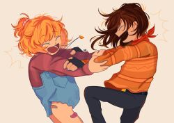 Rule 34 | 2girls, bandaid, bandaid on knee, bandaid on leg, belt, black gloves, blue overalls, blunt bangs, brown hair, closed eyes, fingerless gloves, gloves, grin, hair bun, hair flowing over, heart pendant, highres, knee up, locked arms, motion lines, multiple girls, nobi33ka, open mouth, orange hair, orange sweater, our life, our life: now and forever, overalls, qiu lin (our life), red scarf, red sweater, scarf, smile, sweater, tamarack baumann, yuri