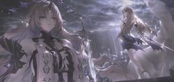 Rule 34 | 2girls, anklet, armor, bare shoulders, black collar, black dress, blonde hair, blue eyes, breasts, cartethyia (wuthering waves), cloud, cloudy sky, collar, crown of thorns, dress, dual persona, earrings, enkiou, fleurdelys (wuthering waves), floating crown, hashtag-only commentary, highres, holding, holding sword, holding weapon, horns, jewelry, large breasts, long horns, multiple girls, pointy ears, shoulder armor, single horn, sky, sword, tabard, tacet mark (wuthering waves), waves, weapon, white tabard, wuthering waves, yellow horns