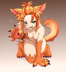 1girl abs absurdres ahoge animal_ears blue_eyes breasts brown_background buffpup_(vtuber) claw_pose commentary completely_nude english_commentary ev_v1l eyelashes fangs gradient_background hair_ornament hairclip highres kneeling long_hair looking_at_viewer medium_breasts monster_girl multicolored_hair nipples nude open_mouth orange_fur orange_hair pussy red_hair shiny_skin simple_background solo tail thighs toned toned_female vchiban virtual_youtuber white_background wolf_ears wolf_girl wolf_tail