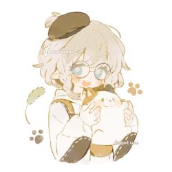 Rule 34 | 1girl, :d, animal, artist name, beret, blonde hair, blue eyes, braid, cat, cropped, fingerless gloves, glasses, gloves, hat, holding, holding animal, long sleeves, looking at viewer, memuro, open mouth, original, paw print, pointy ears, round eyewear, short hair, smile, solo, upper body, watermark, white background
