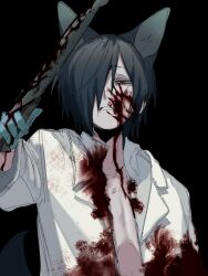 1boy animal_ears black_background black_eyes black_hair blood blood_on_clothes blood_on_face bloody_knife chino_(sky_tanosi) cleaver dog_boy dog_ears hair_over_one_eye highres holding holding_cleaver holding_knife knife looking_at_viewer male_focus open_clothes open_shirt original parted_lips shirt short_hair simple_background solo upper_body white_shirt
