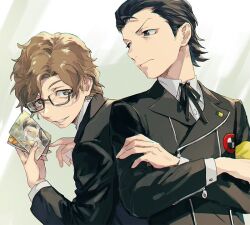 2boys armband black_jacket black_ribbon brown_eyes brown_hair closed_mouth collared_shirt commentary_request crossed_arms curtained_hair frown gekkoukan_high_school_uniform hair_slicked_back hiraga_keisuke holding holding_photo isa_(peien516) jacket lapels layered_sleeves long_sleeves looking_back male_focus multiple_boys neck_ribbon odagiri_hidetoshi parted_bangs persona persona_3 photo_(object) pointing ribbon school_emblem school_uniform shirt short_hair sideburns smile teeth wavy_hair white_shirt wing_collar yellow_armband