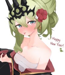 Rule 34 | 1girl, alcohol, black kimono, black nails, chest sarashi, chinese zodiac, closed mouth, collarbone, commentary, crown, cup, earrings, english commentary, english text, flower, green eyes, green hair, hair bun, hair flower, hair ornament, happy new year, highres, holding, holding cup, honkai (series), honkai impact 3rd, japanese clothes, jewelry, kimono, looking at viewer, mobius (honkai impact), nail polish, new year, red flower, sake, samate, sarashi, simple background, single earring, slit pupils, tongue, tongue out, white background, year of the snake