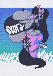 1girl ass black_hair breasts butt_crack cat chewing_gum cleavage curvy eyeshadow female_focus furry furry_female gigantic_breasts huge_ass legs makeup mascara minx_kitten nike_(company) pants playboy plump ponytail shoes slit_pupils smutbunny solo sweatpants tail thick_thighs thighs urban wide_hips