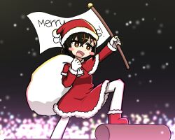 Rule 34 | 1girl, :d, black hair, blurry, blurry background, blush stickers, boots, brown eyes, brown hair, capelet, depth of field, dress, fang, flag, fur-trimmed boots, fur-trimmed capelet, fur-trimmed dress, fur-trimmed headwear, fur trim, hair between eyes, hat, holding, holding flag, merry christmas, multicolored hair, nanju bami, night, night sky, open mouth, original, pantyhose, red boots, red capelet, red dress, red hat, santa costume, santa hat, sky, smile, snowing, solo, streaked hair, white flag, white pantyhose
