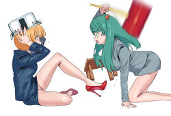 2girls blonde_hair blue_jacket blue_skirt cooking_pot green_eyes green_hair grey_jacket grey_skirt hammer high_heels highres holding holding_hammer horns jacket long_hair multiple_girls nahia_(some1else45) original panties pink_panties pot_on_head red_shoes sekoshi_(some1else45) shoes short_hair simple_background skirt some1else45 suit_jacket table underwear white_background