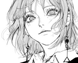 Rule 34 | 1girl, chainsaw man, close-up, collared shirt, earrings, eyelashes, fami (chainsaw man), fourth east high school uniform, grey eyes, grey hair, greyscale, high contrast, inoitoh, jewelry, light smile, looking at viewer, monochrome, multiple moles, portrait, ringed eyes, school uniform, shirt, short hair, simple background, smile, white background