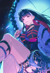 1girl absurdres ahoge black_choker black_hair black_shirt braid breasts choker earrings fishnet_thighhighs fishnets highres holding holding_umbrella jewelry large_breasts long_hair looking_at_viewer meloco_kyoran multicolored_hair necktie nijisanji nijisanji_en purple_eyes purple_hair shirt solo streaked_hair thighhighs umbrella very_long_hair virtual_youtuber zzangto