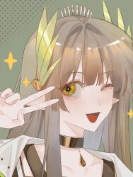 Rule 34 | 1girl, ;d, arknights, arm up, black choker, brown hair, chinese commentary, choker, collarbone, commentary request, elf, green background, hair ornament, halftone, halftone background, highres, long hair, looking at viewer, mole, mole under eye, muelsyse (arknights), one eye closed, open mouth, pointy ears, shenbeining79537, sidelocks, smile, solo, sparkle, upper body, v, yellow eyes