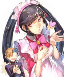 Rule 34 | 1boy, 1girl, apron, ash phoenix, black hair, blue hair, blush, bow, bowtie, brown hair, ckmogpk, code geass: dakkan no roze, commentary, dress, flustered, heart, hetero, maid, maid apron, maid headdress, multicolored hair, own hands together, pink bow, pink bowtie, pink dress, purple eyes, short hair, simple background, spoken heart, sumeragi sakuya, twintails, two-tone hair, white background