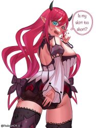 1girl artist_name ass back blush breasts earrings embarrassed english_text heterochromia hololive hololive_english horns irys_(hololive) jewelry large_breasts long_hair looking_at_viewer looking_back mole mole_on_ass mole_on_breast nails open_mouth phoboshcm pointy_ears red_hair skirt speech_bubble