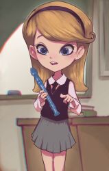 Rule 34 | 1girl, black necktie, black sweater vest, blonde hair, blue eyes, blush, book, chalkboard, classroom, conoghi, desk, dreamworks, eraser, flute, grey skirt, hairband, holding flute, holding instrument, instrument, long hair, long sleeves, mr. peabody &amp; sherman, necktie, open mouth, penny peterson, recorder, school uniform, shirt, skirt, smile, standing, sweater vest, teeth, white shirt