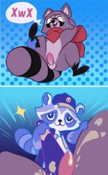 1boy 1other animal_ears baseball_bat catoon997 claws cum ejaculation erection furry furry_male galactic_baseballer_(honkai:_star_rail) holding holding_baseball_bat honkai:_star_rail honkai_(series) indigo_park penis raccoon_boy raccoon_ears raccoon_tail rambley_the_raccoon red_scarf scarf sparkle speech_bubble spoken_expression sweatdrop tail testicles