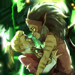2girls abstract_background adora_(she-ra) animal_ears blonde_hair blue_eyes blush bodysuit brown_hair cat_ears cat_tail catra clenched_teeth eye_contact from_side half-closed_eyes hand_on_another&#039;s_chin hermi highres index_finger_raised jacket long_hair long_sleeves looking_at_another mask multiple_girls ponytail red_bodysuit red_jacket scared she-ra_and_the_princesses_of_power shirt sleeveless smile tail teeth upper_body white_shirt yellow_eyes yuri