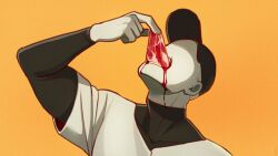 1boy adam&#039;s_apple arm_up baseball_cap baseball_jersey black_shirt blood blood_on_face commentary film_grain food hashtag-only_commentary hat head_back highres jersey layered_sleeves long_sleeves male_focus meat no_eyes off_(game) open_mouth orange_background raw_meat shirt short_over_long_sleeves short_sleeves simple_background solo tanblaque teeth the_batter_(off) white_shirt
