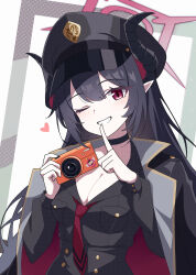 Rule 34 | 1girl, absurdres, black shirt, black skirt, blue archive, blue hair, breasts, camera, chiaki (blue archive), demon girl, demon horns, finger to mouth, hair between eyes, halo, highres, holding, holding camera, horns, index finger raised, large breasts, long hair, looking at viewer, necktie, pink halo, red eyes, red necktie, shirt, skirt, thighs, vector (dmlddmld00)