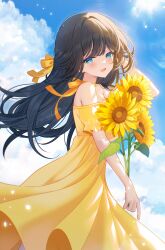 Rule 34 | 1girl, armpit crease, bare shoulders, black hair, blue eyes, blue sky, blush, cloud, commentary request, cowboy shot, day, dress, floating clothes, floating hair, flower, frilled sleeves, frills, from side, hair ribbon, half updo, hand up, happy, highres, holding, holding flower, jpeg artifacts, long hair, looking at viewer, looking to the side, myusha, neck ribbon, off-shoulder dress, off shoulder, open mouth, outdoors, ribbon, shirayuki hina, short sleeves, signature, sky, smile, solo, standing, stellive, sun, sunflower, sunlight, turning head, virtual youtuber, watermark, wind, yellow dress, yellow flower, yellow ribbon, yellow theme