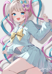 1girl absurdres blue_bow blue_eyes blue_hair blush bow bowtie chouzetsusaikawa_tenshi-chan commentary_request fang gradient_hair grey_hair hair_bow highres long_hair long_sleeves midriff_peek multicolored_hair navel needy_girl_overdose open_mouth pink_bow pink_hair pleated_skirt purple_bow quad_tails school_uniform serafuku setsuna_0430 shirt skin_fang skirt solo very_long_hair white_serafuku white_shirt white_skirt yellow_bow yellow_bowtie