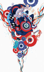 1boy absurdres back_bow ball bandana blue_bandana blue_kimono blue_leggings bow checkered_bow checkered_clothes comb commentary_request facepaint fangs figure floating_hair from_behind gekijouban_mononoke geta hair_between_eyes hervi_doll highres holding holding_sword holding_weapon japanese_clothes kaleidoscope kimono kusuriuri_(gekijouban_mononoke) leaning_back leggings lipstick long_bangs long_hair long_sleeves looking_at_viewer looking_back makeup male_focus mononoke multicolored_hair multicolored_kimono obi ofuda oil-paper_umbrella open_mouth orange_hair pointy_ears purple_kimono purple_sash red_kimono sash smile socks solo statuette streaked_hair sword sword_of_exorcism two-tone_hair umbrella wavy_hair weapon white_background white_hair white_socks yellow_eyes