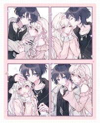 ! 1boy 1girl alternate_costume arm_hug artist_request bead_necklace beads black_hair black_jacket black_necktie black_trim border bow chain chain_necklace checkered_background closed_eyes closed_mouth coat collared_shirt commission commissioner_insert contemporary couple covering_own_mouth dress earrings eyelashes facing_another formal_clothes genshin_impact gold_pendant grey_eyes hair_between_eyes hair_bun hair_ornament hair_ribbon hairband hairclip half-heart_hands hand_on_another&#039;s_arm hand_on_another&#039;s_head hand_on_another&#039;s_shoulder hand_over_own_mouth hands_on_own_cheeks hands_on_own_face hands_up heads_together heart heart_earrings heart_hair_ornament hetero highres holding_hands hood hood_down hooded_jacket jacket jewelry kiss kissing_forehead large_bow long_hair long_sleeves mole mole_under_eye necklace necktie off-shoulder_dress off_shoulder one_eye_closed open_clothes open_coat open_mouth original photo_(object) photo_booth pink_border pink_bow pink_dress pink_eyes pink_hairband pink_ribbon pink_sleeves purikura ribbon scaramouche_(genshin_impact) shirt side-by-side single_side_bun smile star_(symbol) star_print white_border white_coat white_hair white_mouth white_shirt white_sleeve_cuffs white_sleeves white_undershirt zipper zipper_pull_tab