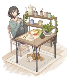 1girl analog_clock animal barefoot black_pants bread bread_slice brown_eyes brown_hair cat chair clock closed_mouth coffee cup folding_table food fork fried_egg fried_egg_on_toast grey_shirt hands_up highres holding holding_cup jar kettle knees_up knife long_sleeves looking_at_viewer medium_hair on_chair orange_cat original pants parted_bangs pepper_shaker pet picture_frame plant plate potted_plant rug shelf shirt simple_background sitting solo table teacup toast touchika white_background wide_shot wooden_floor