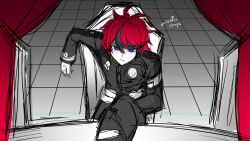 1boy ahoge arm_up black_hair blue_eyes closed_mouth frown hair_between_eyes last_defense_academy_school_uniform leg_up looking_at_viewer looking_up male_focus messy_hair multicolored_eyes multicolored_hair red_curtain red_eyes red_hair simple_background sitting sketch solo solo_focus streaked_hair sumino_takumi the_hundred_line_-last_defense_academy-