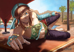 ahoge bare_shoulders barefoot blonde_hair blue_eyes commentary english_commentary gerudo_set_(zelda) grin lake laovaan link looking_at_viewer lying medium_hair midriff nintendo on_side one_eye_closed outdoors pointy_ears shadow shorts smile solo the_legend_of_zelda the_legend_of_zelda:_breath_of_the_wild tree