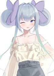 1girl absurdres bare_shoulders blue_eyes blush bow collarbone commentary hair_bow highres long_hair looking_at_viewer off-shoulder_shirt off_shoulder olivia0 one_eye_closed ongeki open_mouth shirt sidelocks skirt smile solo striped_background striped_clothes striped_skirt suzushima_arisu vertical-striped_clothes vertical-striped_skirt virtual_youtuber white_background white_shirt