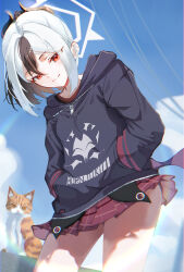 1girl absurdres black_hair black_hoodie blue_archive cat closed_mouth demon_girl demon_horns demon_wings hair_between_eyes hands_in_pockets highres hood hoodie horns kayoko_(blue_archive) long_hair matutake_777 plaid_clothes plaid_skirt ponytail red_eyes red_shirt red_skirt shirt sidelocks single_wing skirt smile solo white_hair wings