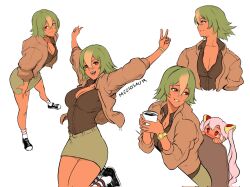 2girls artist_name black_shoes blonde_hair blush bracelet breasts brown_jacket brown_shirt brown_skirt chair cleavage closed_mouth collarbone collared_shirt cup double_v fire_emblem fire_emblem_heroes full_body gold_bracelet green_hair hair_between_eyes hair_ornament highres holding holding_cup jacket jewelry jumping laegjarn_(fire_emblem) laevatein_(fire_emblem) long_hair looking_at_another looking_at_viewer looking_to_the_side medium_breasts meziosaur miniskirt multicolored_hair multiple_girls multiple_views nintendo on_chair open_collar open_mouth pencil_skirt pink_hair red_eyes shirt shoes short_hair siblings sisters sitting skirt smile socks standing streaked_hair teeth thighs v very_long_hair white_socks