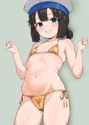 1girl alternate_costume aqua_eyes bikini black_hair cameltoe daitou_(kancolle) flat_chest gold_bikini hat highres kantai_collection looking_at_viewer navel ponytail rakutosu sailor_hat short_hair side-tie_bikini_bottom smile solo swimsuit