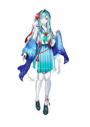 1girl aqua_hair aqua_neckerchief aqua_shoes bessho_aise blue_eyes blue_sailor_collar blue_skirt braid closed_mouth flower full_body gawako gradient_clothes gradient_hair gradient_skirt hair_flower hair_ornament highres long_hair multicolored_hair neckerchief official_art onsen_musume pantyhose red_flower red_hair sailor_collar school_uniform serafuku shirt shoes skirt smile solo standing white_hair white_pantyhose white_shirt