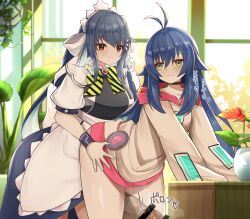 1futa 1girl :3 ahoge apron bar_censor black_choker black_dress blue_dress blue_hair blush breasts brown_shirt censored choker commission dress futa_with_female futanari hair_between_eyes hair_ornament hairclip highres huge_penis indoors large_breasts leaf long_hair long_sleeves looking_at_another maid maid_apron maid_headdress motion_lines multicolored_dress open_mouth orein original penis red_eyes rolling_eyes sex shirt sidelocks skeb_commission standing torso_grab variant_set vase white_dress window yellow_eyes