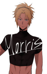 Rule 34 | 1boy, bishounen, commentary request, crop top, cropped shirt, fate/apocrypha, fate (series), genderswap, genderswap (ftm), highres, hip bones, male focus, midriff, mordred (fate), ponytail, shirt, smile, solo, sumisu miaki, turtleneck, turtleneck shirt, upper body