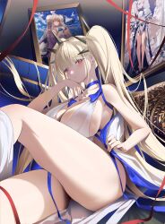 1girl absurdly_long_hair absurdres azur_lane bikini black_choker black_neckerchief black_sailor_collar black_shoes blonde_hair blue_bikini blue_choker blue_ribbon blue_sky braid braided_bun breasts brushing_another&#039;s_hair brushing_hair center_opening choker cleavage collarbone criss-cross_halter double_bun dress dress_flower eyes_visible_through_hair feather_boa flower formidable_(anniversary_memories)_(azur_lane) formidable_(azur_lane) formidable_(the_lady_of_the_beach)_(azur_lane) formidable_(timeless_classics)_(azur_lane) hair_bun hair_ornament halter_dress halterneck hands_in_own_hair highres huge_breasts long_hair looking_at_viewer multi-strapped_bikini_top najiu_jiao_xiaolan_ba neckerchief official_alternate_costume photo_(object) red_eyes ribbon rose sailor_collar shoes short_hair sideboob sideless_dress single_thighhigh sirius_(azur_lane) sitting sky sleeveless sleeveless_dress solo spiked_hair_ornament standing string string_of_fate swimsuit thighhighs twintails two-sided_dress two-sided_fabric two-tone_dress very_long_hair white_dress white_flower white_hair white_rose white_thighhighs