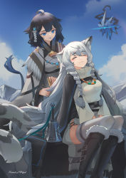 2girls :3 :p ahoge animal_ear_fluff animal_ears arknights bell belt black_cape black_footwear black_hair blue_eyes blue_hair blue_nails blue_sky blush boots braid breasts bright_pupils brushing_another&#039;s_hair brushing_hair cape closed_eyes closed_mouth cloud creature day dress duplicate feather_trim floating fur-trimmed_boots fur_trim grey_dress grey_hair grey_legwear hair_brush hair_ornament high_collar highres jewelry kjera_(arknights) knee_boots leopard_ears leopard_girl leopard_tail long_hair long_sleeves medium_breasts multicolored_hair multiple_girls nail_polish necklace outdoors pixel-perfect_duplicate pramanix_(arknights) sima_naoteng sitting sky tail thighhighs tongue tongue_out twin_braids two-tone_hair very_long_hair