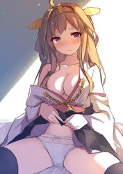 10s 1girl aiguillette areola_slip bare_shoulders black_skirt blush breasts brown_hair caidychen cameltoe cleavage clothes_lift collarbone cowboy_shot detached_sleeves double_bun female_focus filigree hair_bun headband kantai_collection kongou_(kancolle) lace lace_panties lanyard large_breasts long_hair looking_at_viewer nontraditional_miko open_clothes open_shirt panties partially_open_shirt petticoat purple_eyes raised_eyebrows shirt shirt_slip sitting sketch skirt skirt_lift smile solo spread_legs thighhighs underwear white_panties