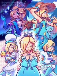 Rule 34 | :o, absurdres, alternate costume, apron, aurora, bare shoulders, blonde hair, blue dress, blue eyes, blue footwear, blue gloves, blue sky, blush, bracelet, cake, chef hat, closed eyes, closed mouth, cloud, commentary, crown, day, deviantart username, dress, elbow gloves, english commentary, english text, eyewear on head, floating, food, gloves, grey shirt, hair over one eye, hand on headwear, hands on own chest, hat, highres, holding, holding cake, holding food, holding whisk, jewelry, long hair, luma (mario), mario (series), mario kart, mario kart tour, multiple views, night, night sky, nintendo, open mouth, palm tree, pants, polari (super mario galaxy), princess, purple-tinted eyewear, purple dress, rosalina, rosalina (aurora), rosalina (chef), rosalina (swimwear), rosie (supnovagy), shirt, sky, sleeveless, sleeveless dress, smile, star-shaped eyewear, star (sky), star (symbol), star bit, star print, straw hat, sunglasses, super mario galaxy, super star (mario), tinted eyewear, tree, twitter username, watermark, whisk, white apron, white hat, white pants, white shirt, yellow-framed eyewear