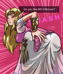 1girl ass bent_over blonde_hair blue_eyes breasts come_hither jewelry large_breasts long_hair looking_back nintendo pink_lips princess_zelda seductive_gaze seductive_smile sexually_suggestive sideboob smile teasing the_legend_of_zelda the_legend_of_zelda:_a_link_between_worlds tiara